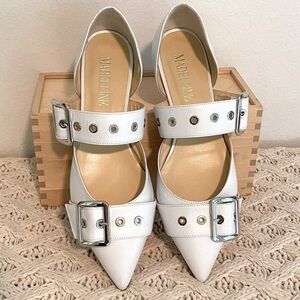 MADELEINE White Leather Pointy Toe Flats w/ Silver Hardware, Made in Italy
